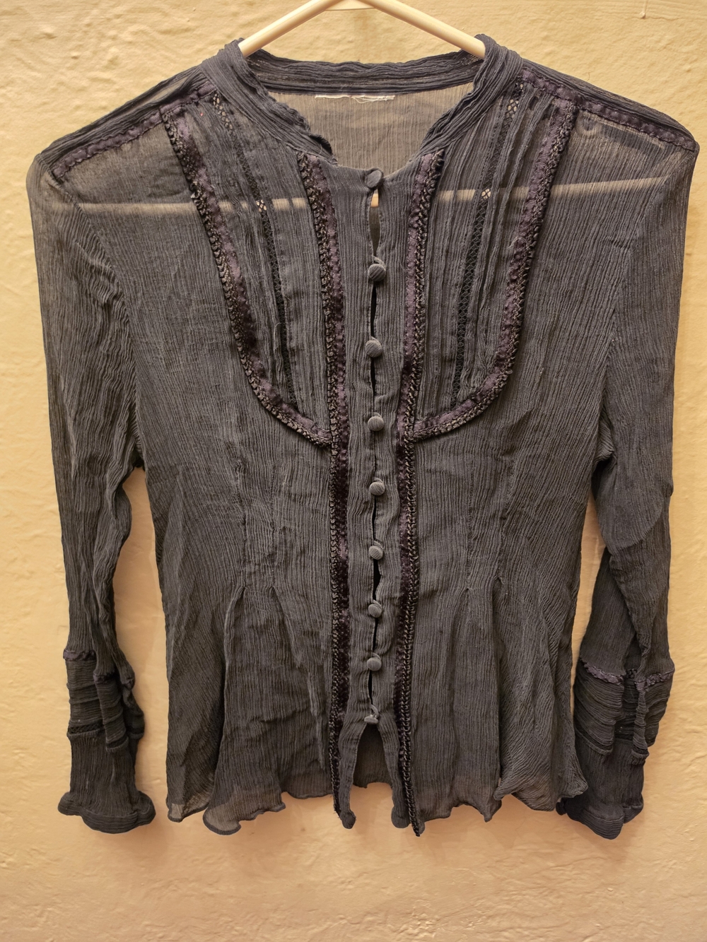 Sheer Crinkle Embroidered Goth Boho Blouse Black S - Picture 4 of 8